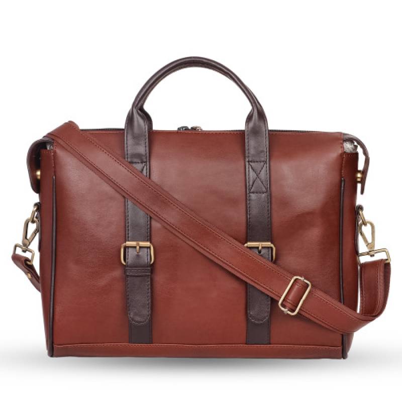 FERNWEH Leather Laptop Bag, 16 inch, 2 Compartments, 5 Pockets, Tan and Brown
