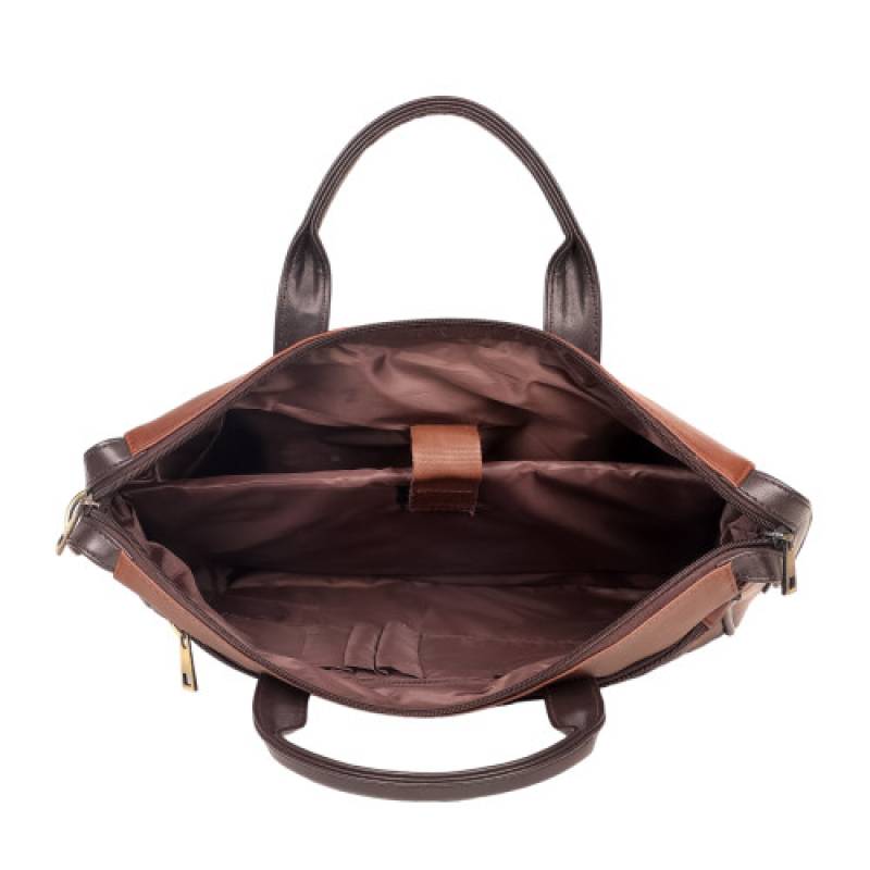 FERNWEH Leather Laptop Bag, 16 inch, 2 Compartments, 5 Pockets, Tan and Brown