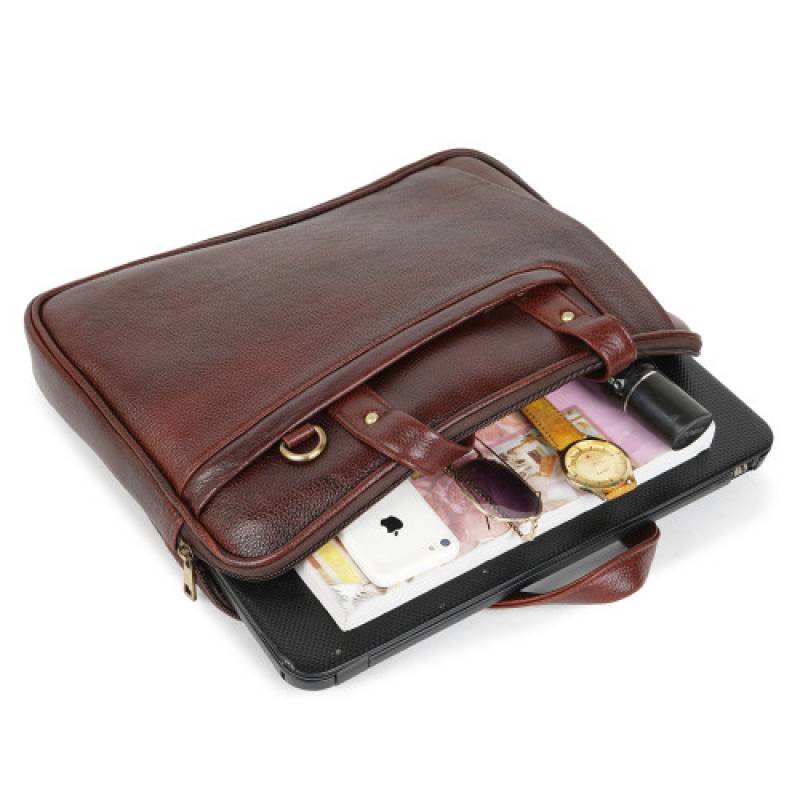 Premium 3-Compartment Brown Leather Messenger Bag – 15.6" Laptop Compatible, Trolley Strap Included