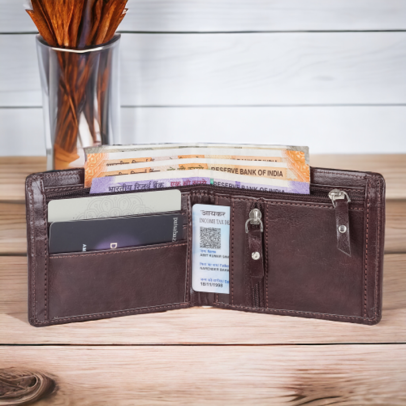 Mens' b apifold wallet with 5 card slots & a coin pocket Dark Brown Rexine