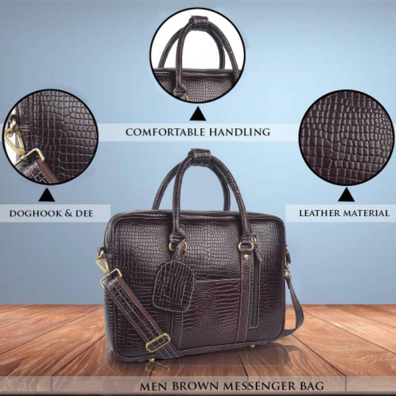 FERNWEH Croco Leather Brown Office Messenger Bag |15.6 inch| Padded Compartment | Detachable and Adjustable Shoulder Straps with Special Anti-Rust Fittings