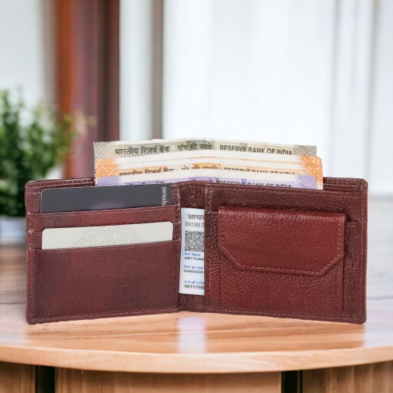 Mens' bifold wallet with 5 card slots & a coin pocket brown Leather