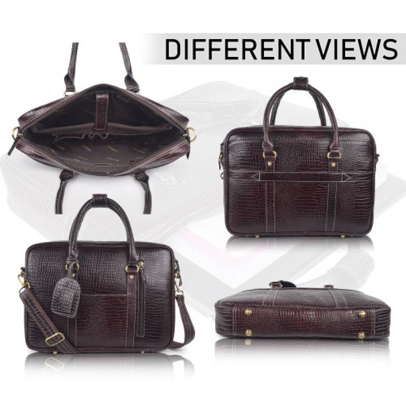 FERNWEH Croco Leather Brown Office Messenger Bag |15.6 inch| Padded Compartment | Detachable and Adjustable Shoulder Straps with Special Anti-Rust Fittings