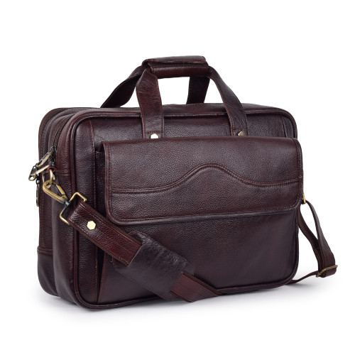 "NDM Leather Large Laptop Bag – 17x6x12 Inches, 4 Laptop Compartments, with Trolley Strap"