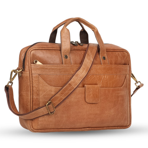 FERNWEH Tan Leather Messenger Bag, 16 inch Laptop Compartment, 4 Compartments, Pen Pocket, 2 Phone Pockets, Trolley Strap